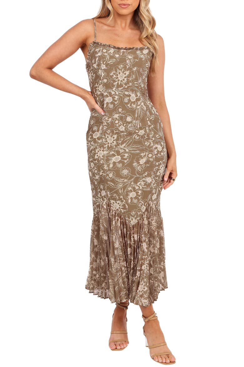 Ashton Pleated Hem Midi Dress, Main, color, OLIVE FLORAL