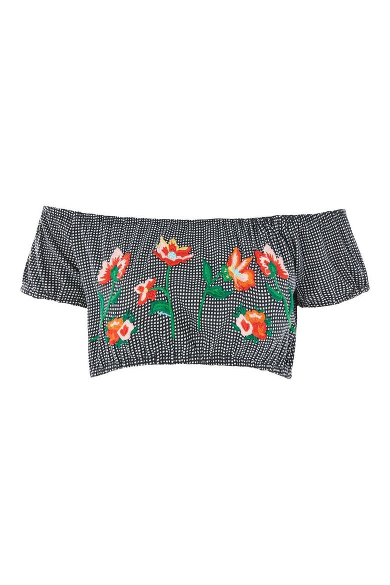 Embroidered Gingham Crop Top, Alternate, color, BLACK MULTI