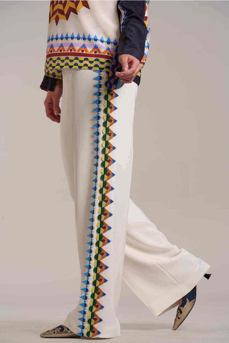 Wide Leg Trousers With Macrame Ribbons, Alternate, color, Ecru / Multicolour