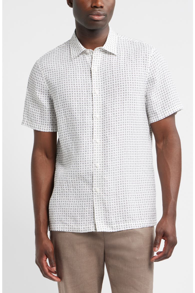 Tile Pattern Short Sleeve Linen Button-Up Shirt, Main, color, WHITE TILE GEO