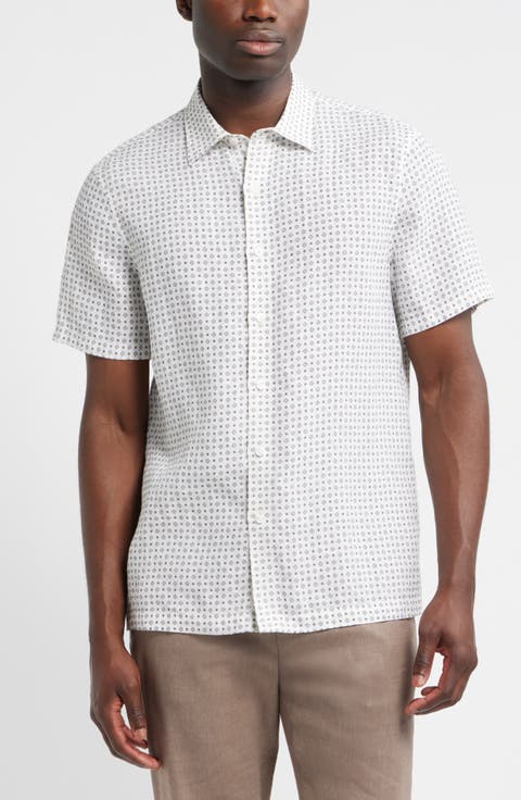 Tile Pattern Short Sleeve Linen Button-Up Shirt