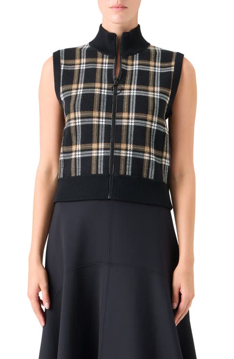 Plaid Virgin Wool Zip Sweater Vest