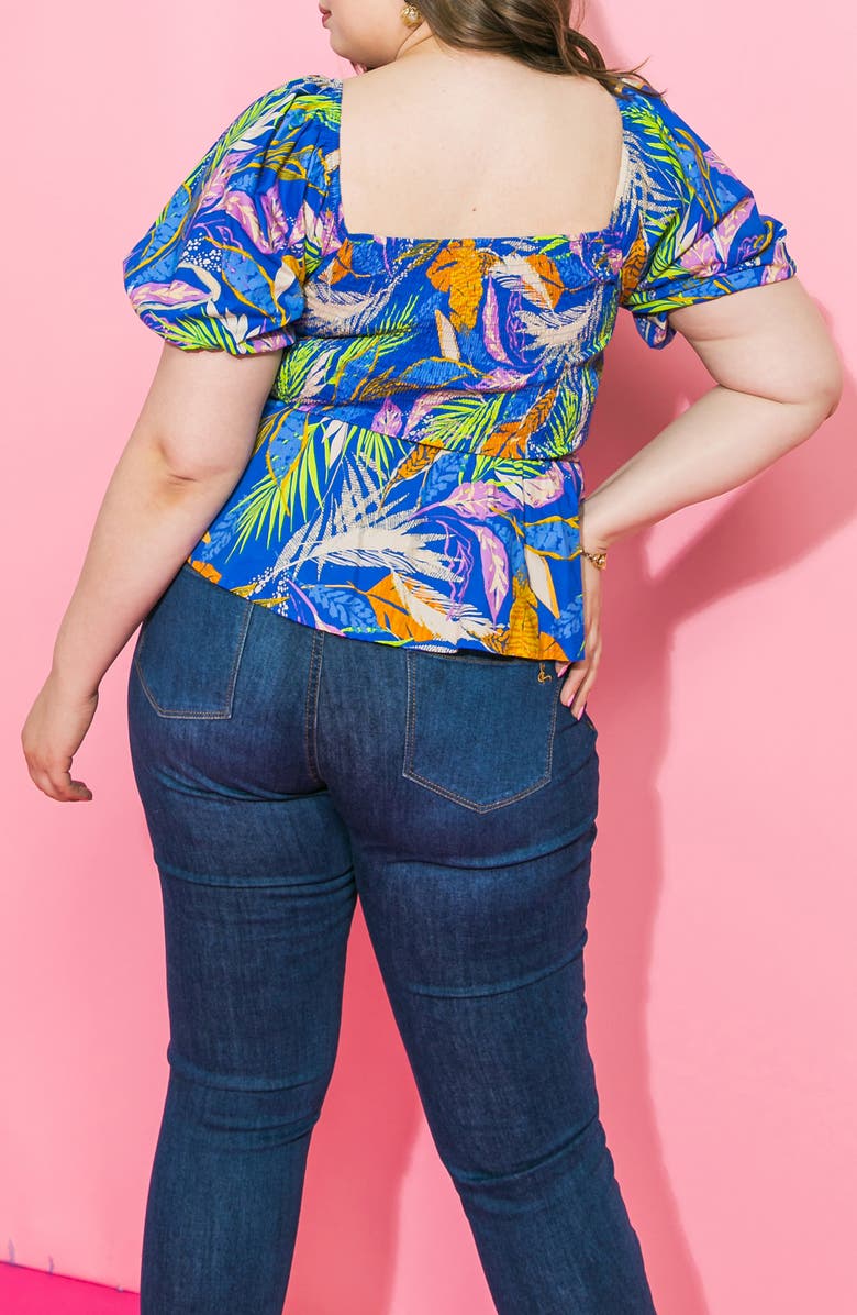 FLYING TOMATO Smocked Puff Sleeve Cotton Poplin Top, Alternate, color, Blue