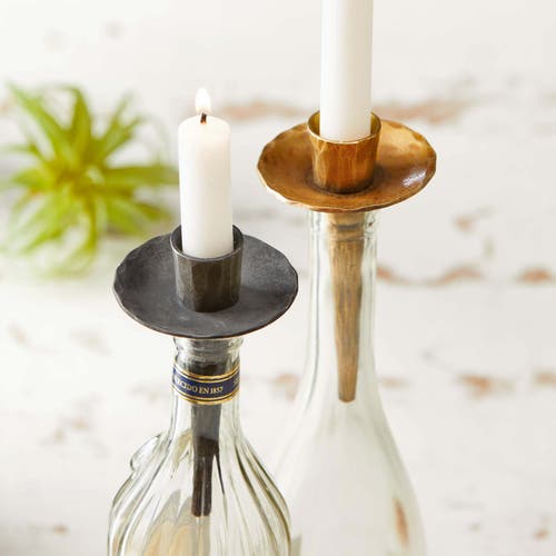Tag Elegant Black Iron Taper Candle Holder With Bottle Stopper In Black