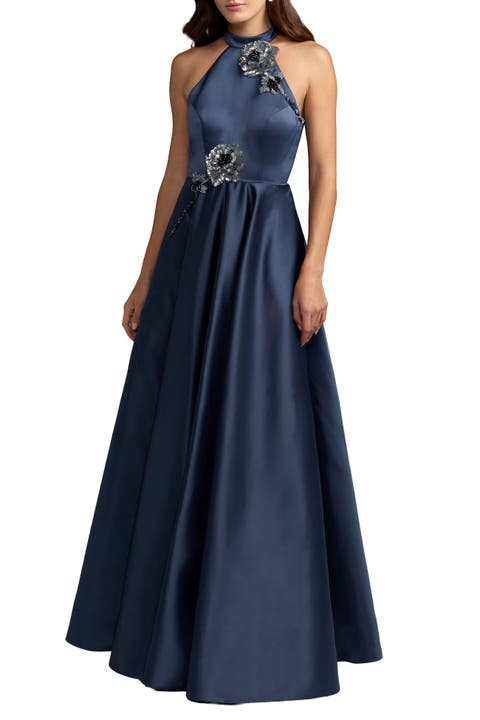 Satin Sleeveless Floral Detail A Line Gown