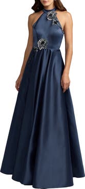 Mac Duggal Satin Sleeveless Floral Detail A Line Gown