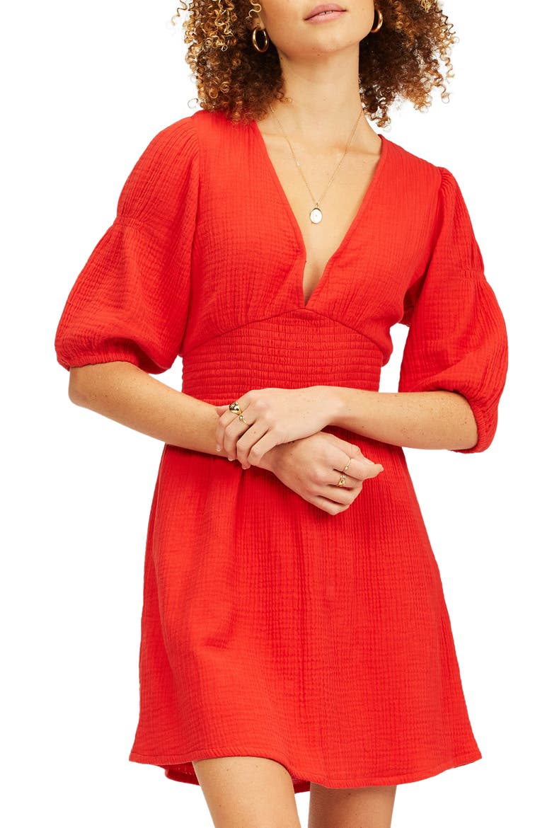 Spellbound Puff Sleeve Cotton Dress, Main, color, RED VELVET