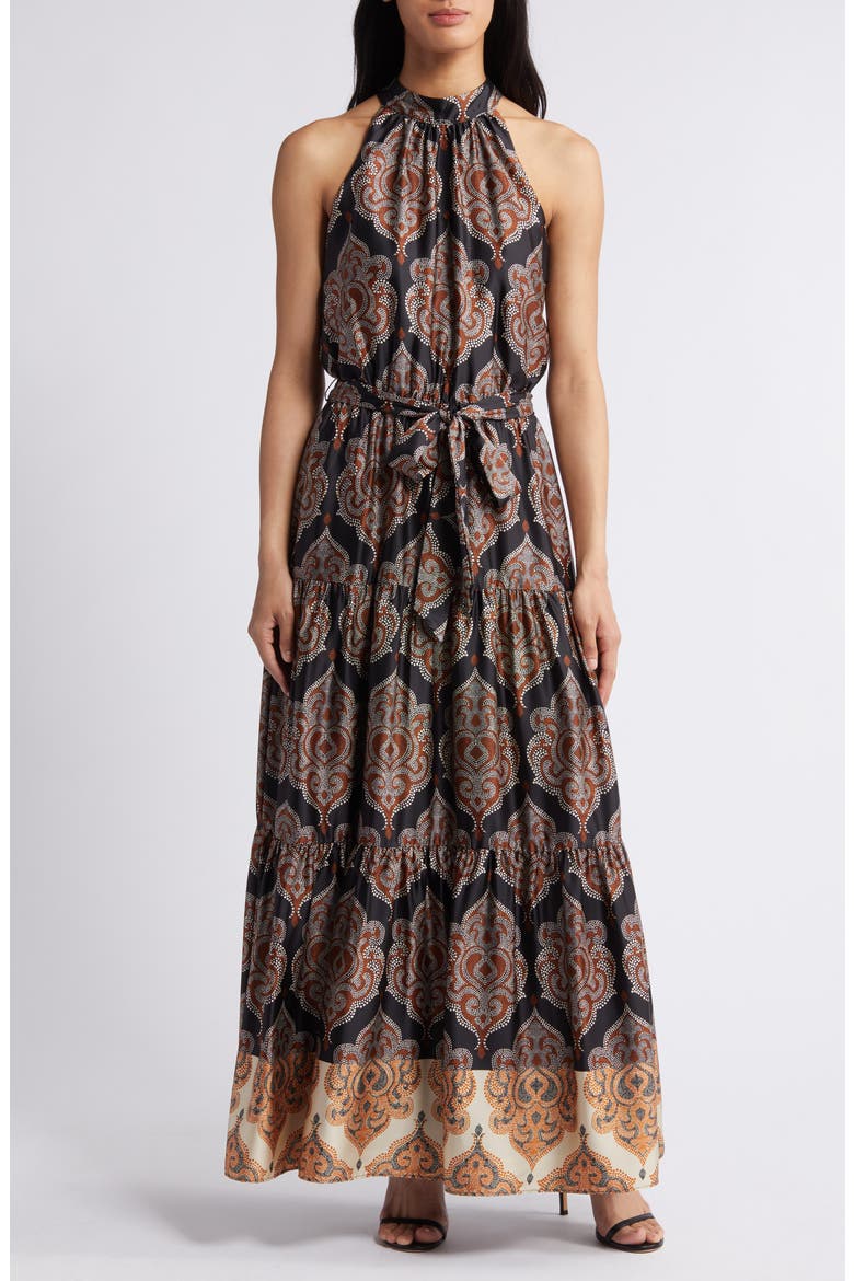 Paisley Print Sleeveless Stretch Satin Maxi Dress, Main, color, BLACK MULTI