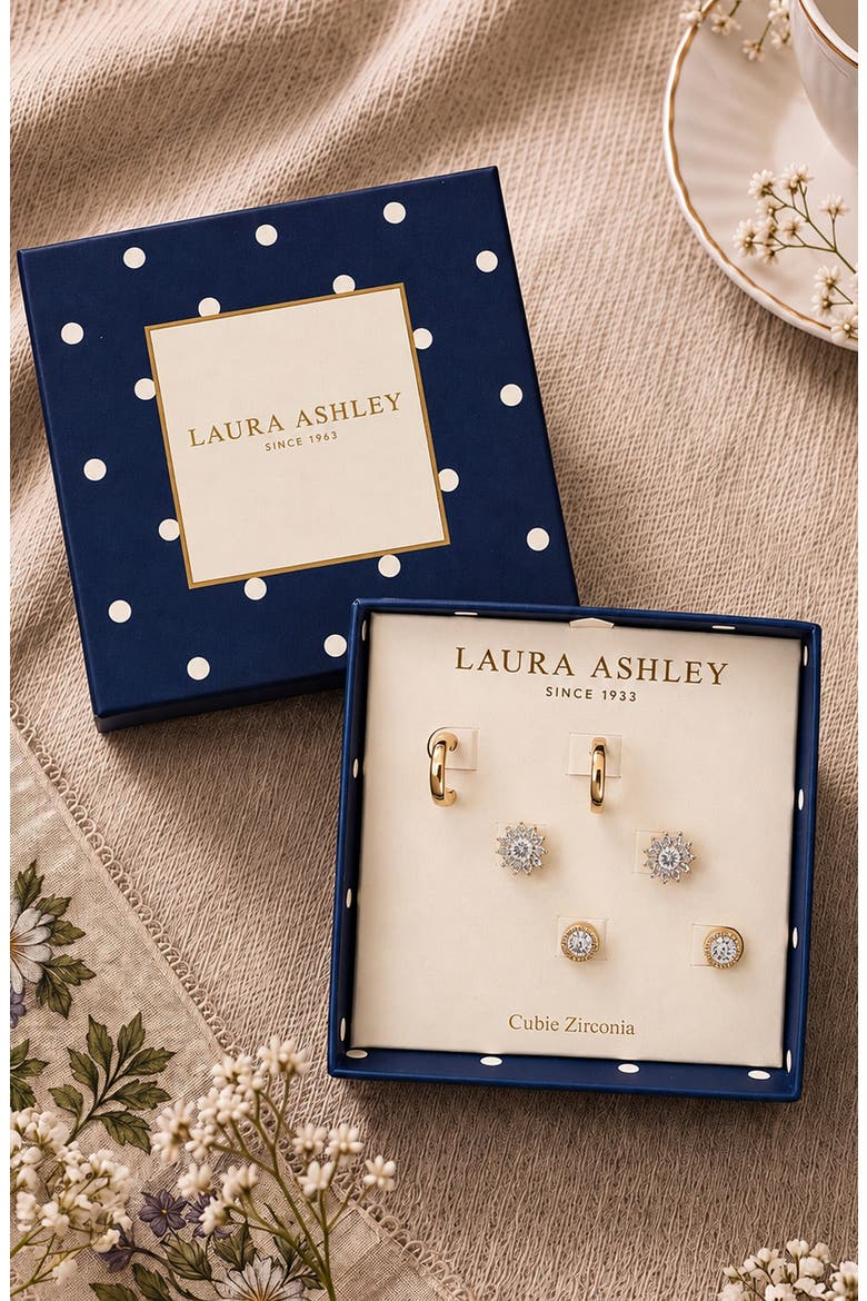Set of 3 Cubic Zirconia Flower Stud & Huggie Hoop Earrings, Alternate, color, CLEAR/ GOLD