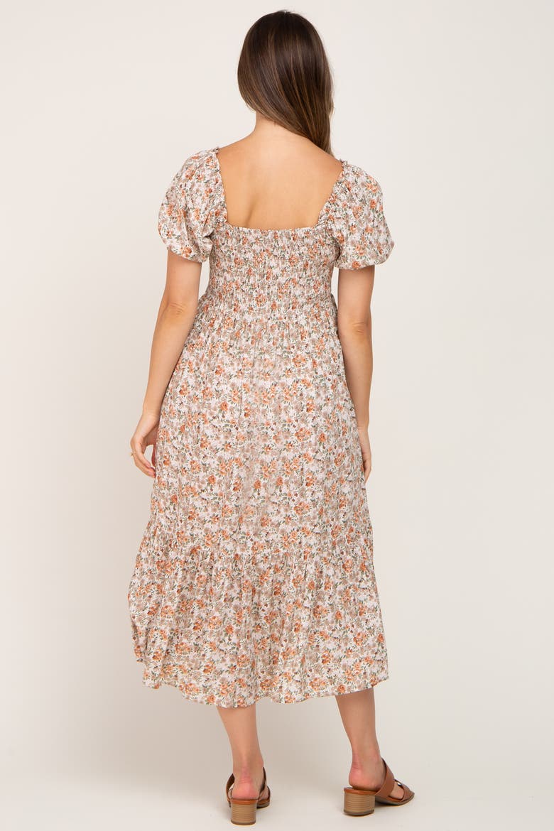 Floral Smocked Puff Sleeve Midi Dress, Alternate, color, Taupe