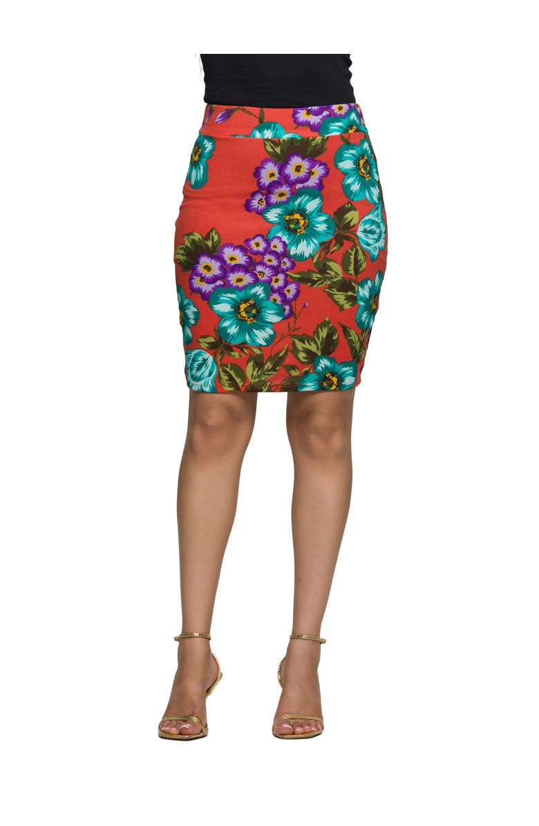 24seven Comfort Apparel Floral Print Knee Length Pencil Skirt, Main, color, Orange Multi