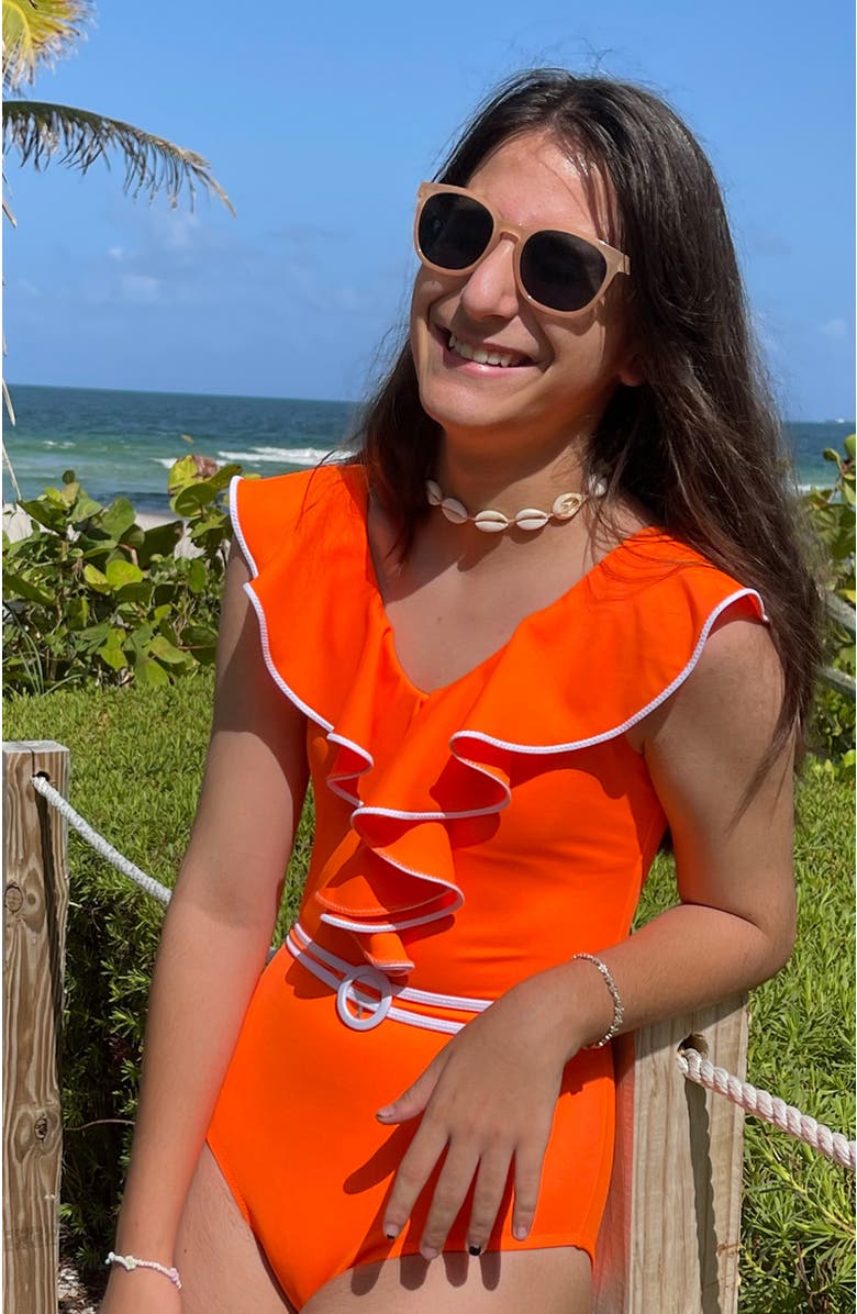 NESSI BYRD Kids' Vibrant Orange Ruffle One-Piece Swimsuit, Alternate, color, Orange