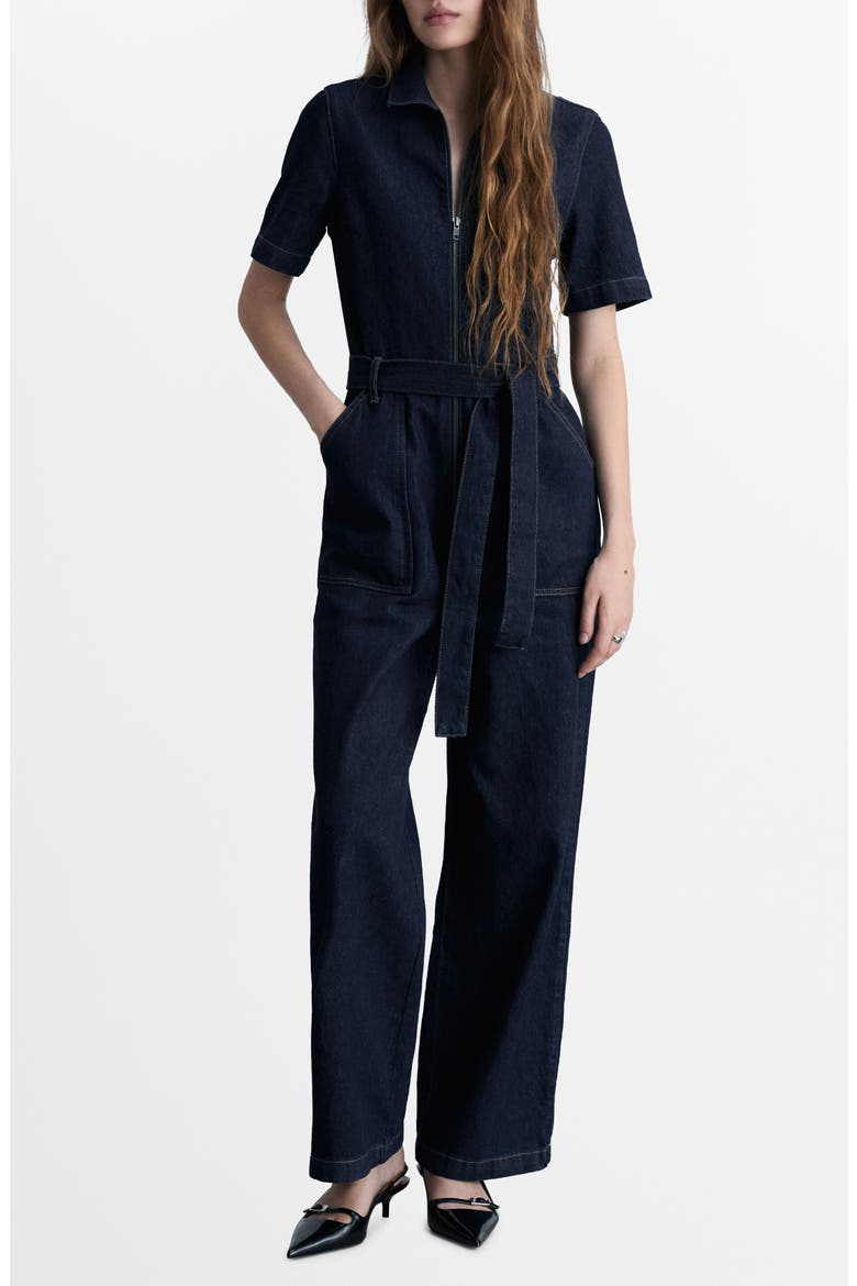 Belted Wide Leg Denim Jumpsuit, Main, color, OPEN BLUE