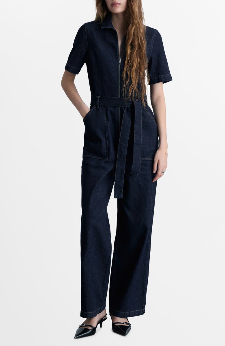 MANGO Belted Wide Leg Denim Jumpsuit, Main, color, 