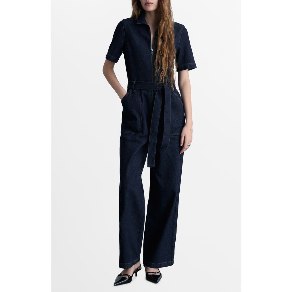 Shop Mango Belted Wide Leg Denim Jumpsuit In Open Blue