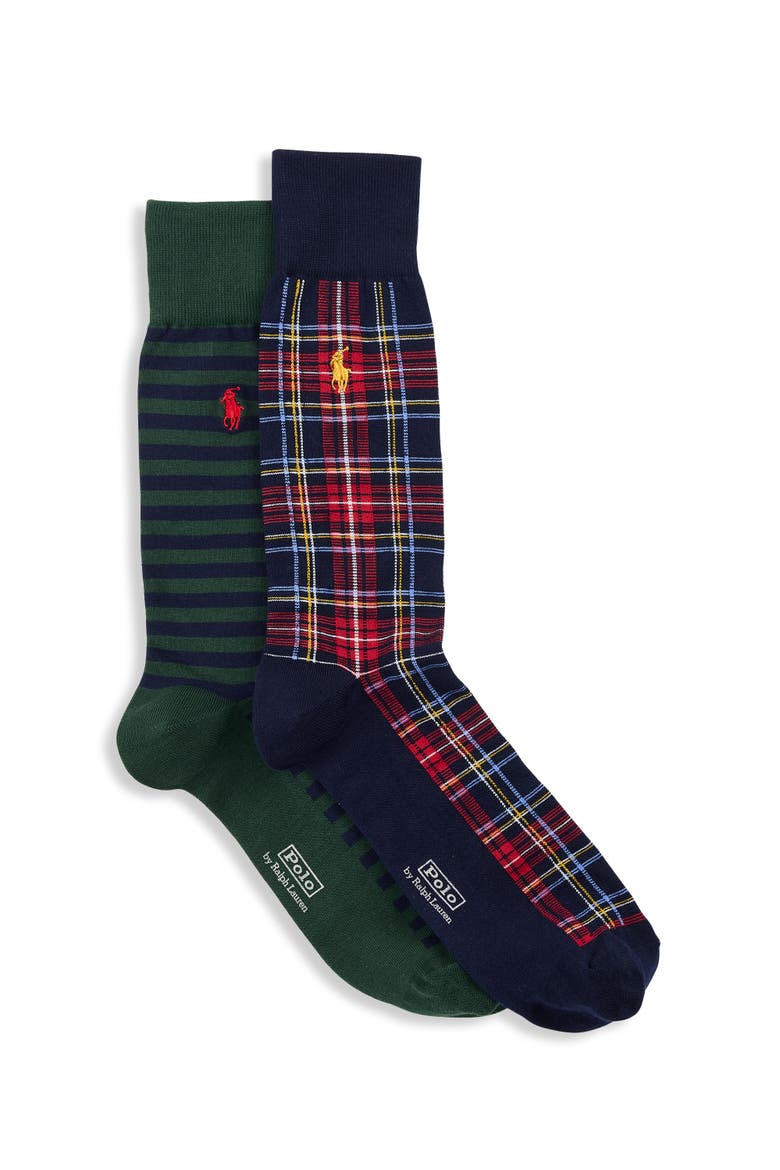 Big & Tall 2-pk Holiday Plaid Striped Socks, Main, color, NAVY