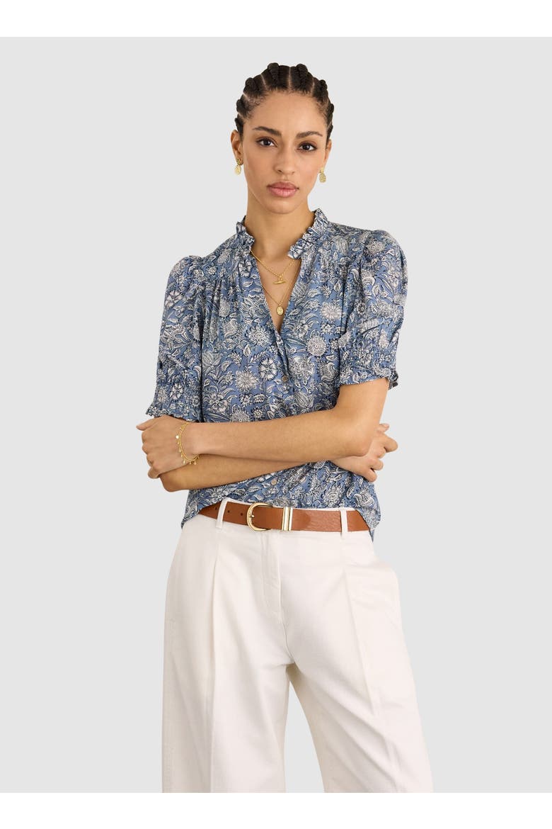 Nolan Ruffled Collar Printed Blouse, Main, color, Denim Woodblock Print
