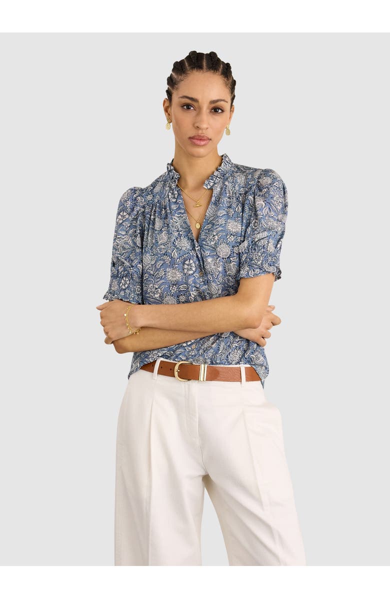Baukjen Nolan Ruffled Collar Printed Blouse, Main, color, Denim Woodblock Print