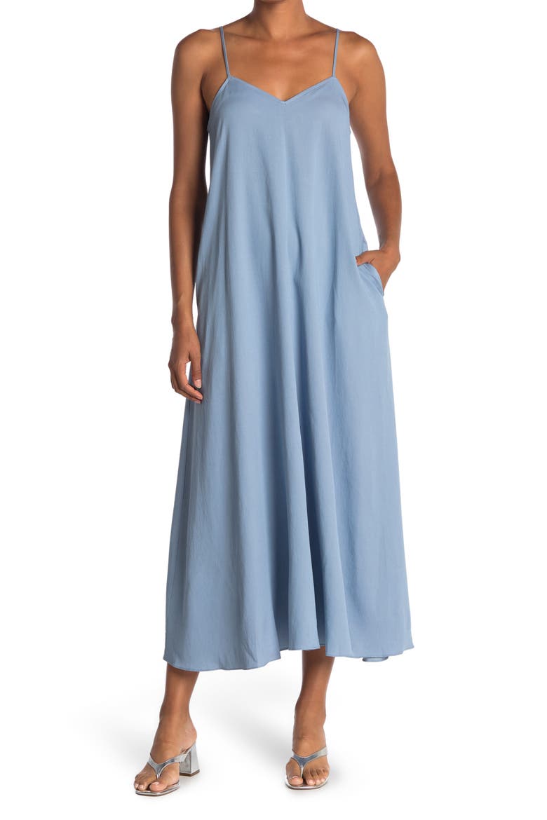 Solid V-Neck Sleeveless Maxi Slip Dress, Main, color, LIGHT CHAMBRAY