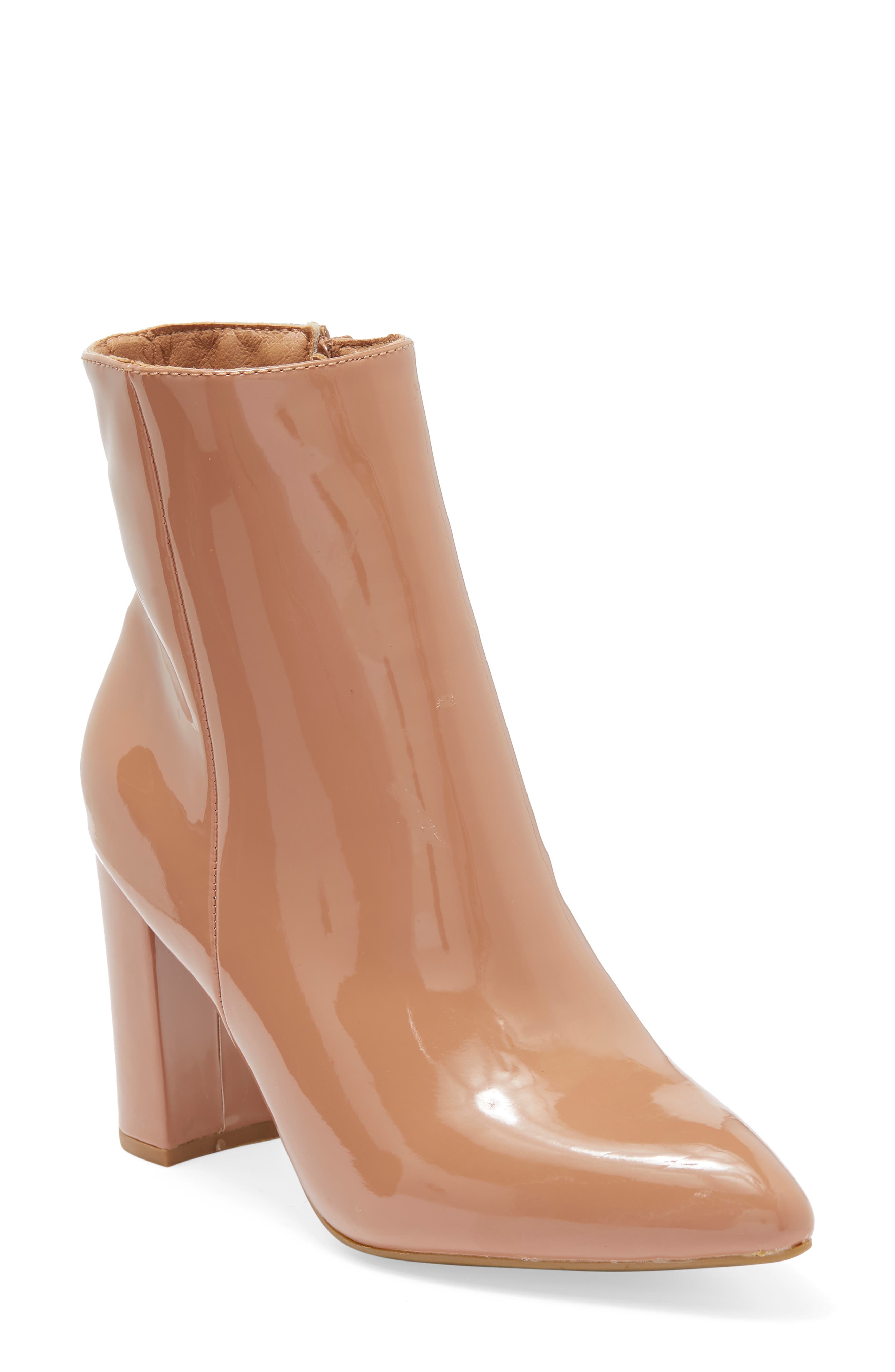TOP GUY Brazil Patent Block Heel Bootie, Main, color, CAMEL PAT
