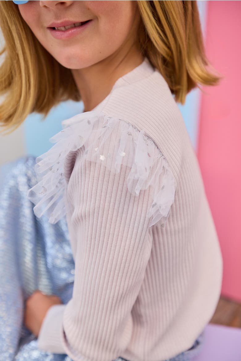 Kids' Ruffle Sleeve Sadie Top, Alternate, color, Grey & Silver Sparkle Stars