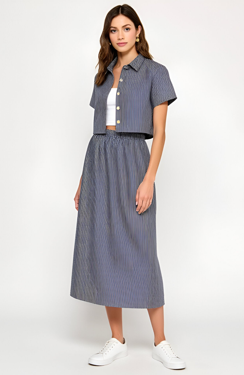 Modenaire Striped Cropped Button-Up Shirt and Midi Skirt Set with Short Sleeves, Alternate, color, Blue / White Stripes