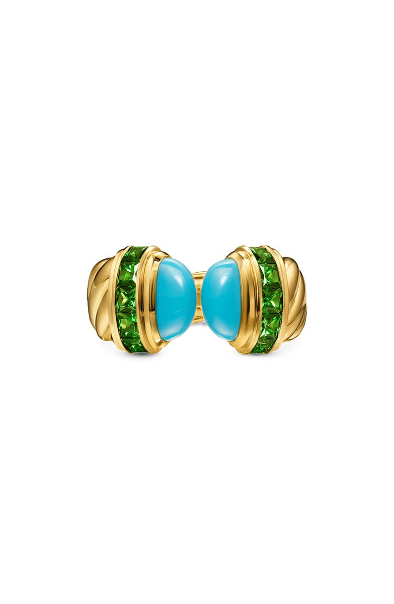 David Yurman Sculpted Cable Open Cocktail Ring in 18K Yellow Gold with Turquoise and Tsavorites, 12.4mm, Alternate, color, Turquoise