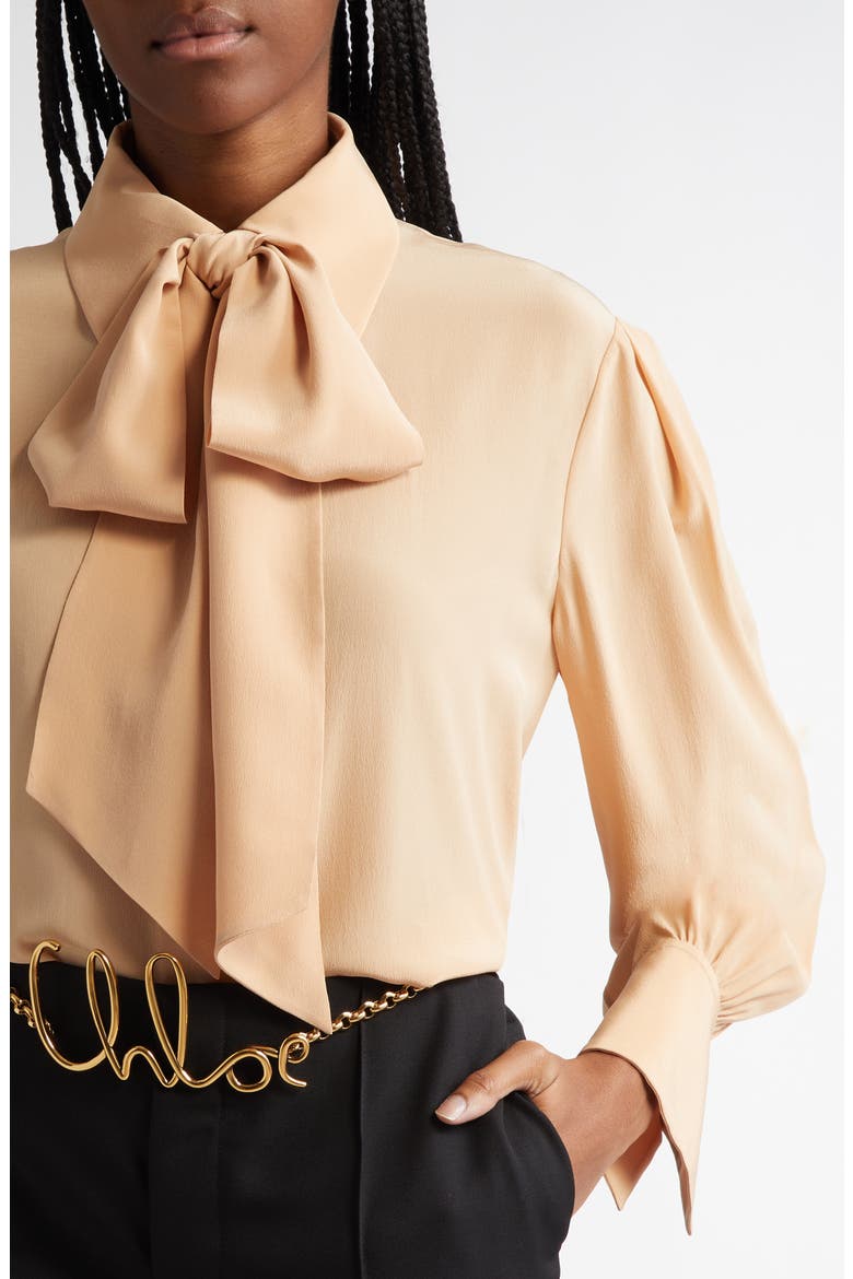 Tie Neck Silk Crêpe de Chine Button-Up Shirt, Alternate, color, SAND BROWN