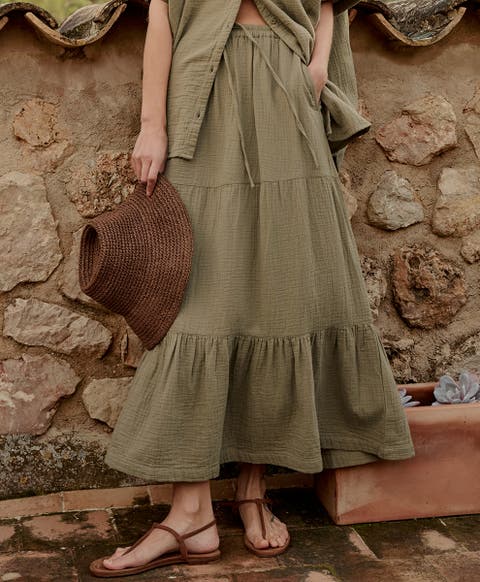 Organic Cotton Coastal Double Gauze Tiered Maxi Skirt