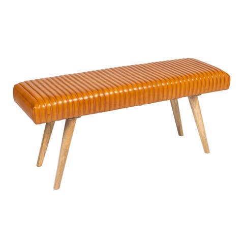 Mango Wood and Leather Grid Bench, Brown