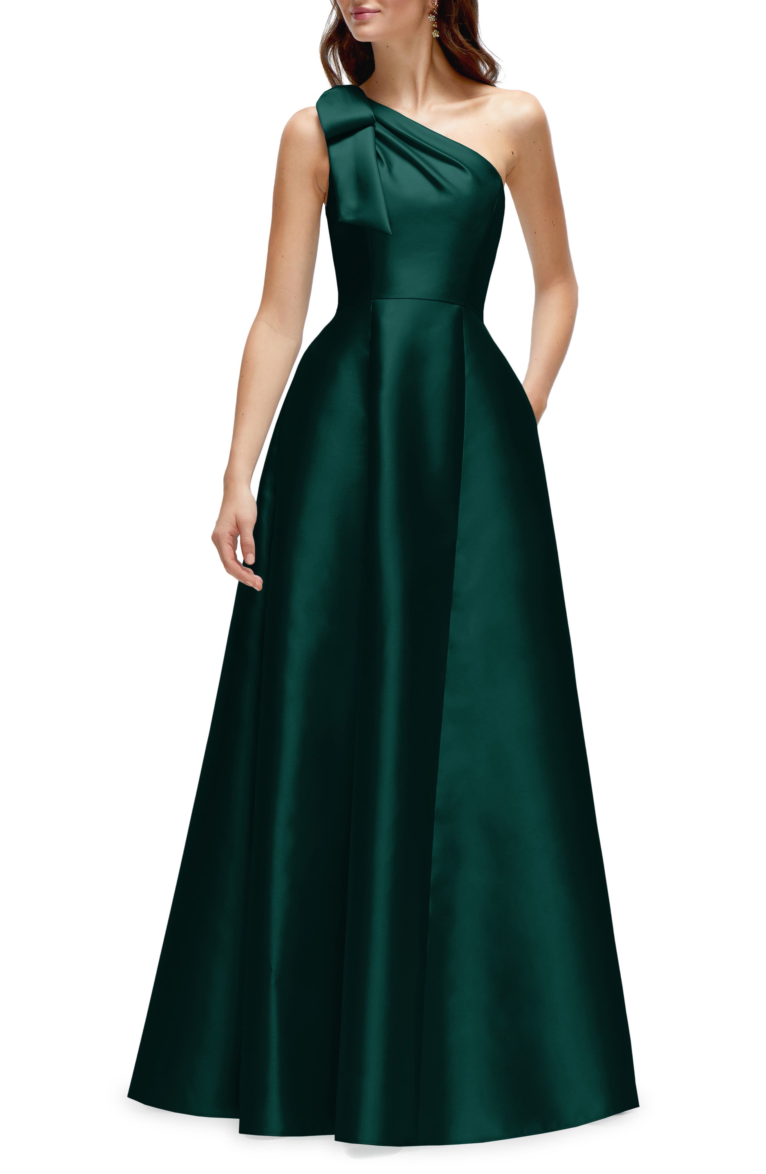 Alfred Sung One-Shoulder A-Line Gown in Evergreen 
