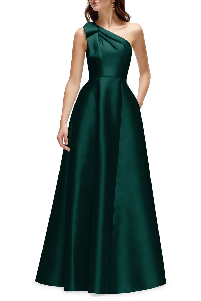 One-Shoulder A-Line Gown, Main, color, EVERGREEN
