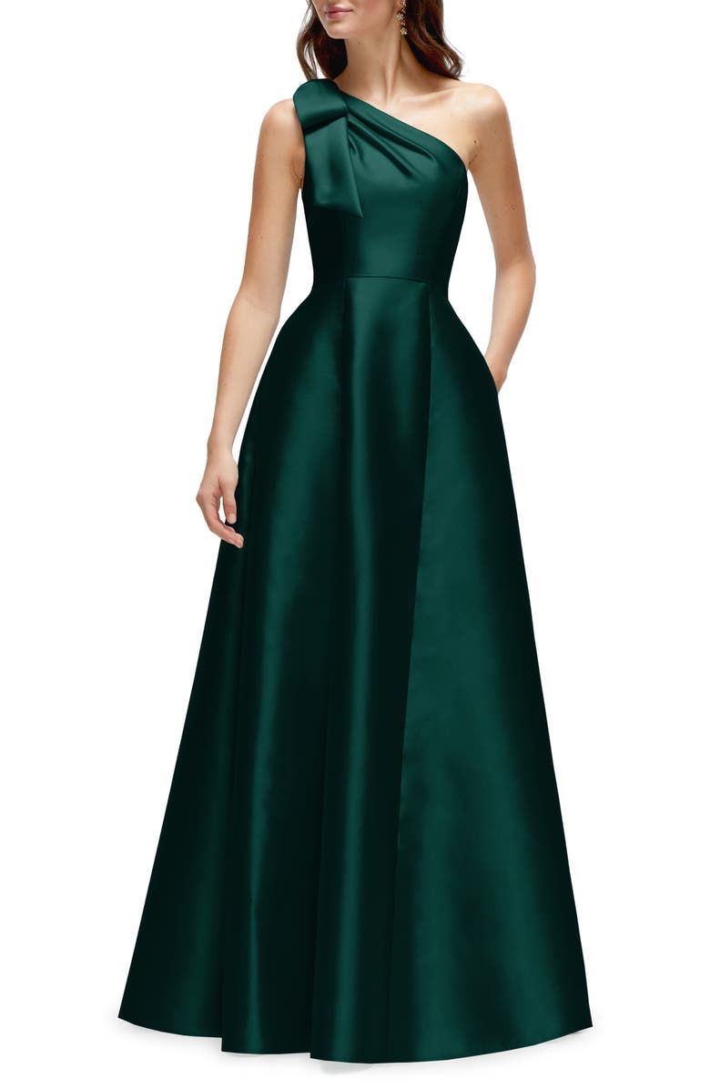 Alfred Sung One-Shoulder A-Line Gown, Main, color, Evergreen
