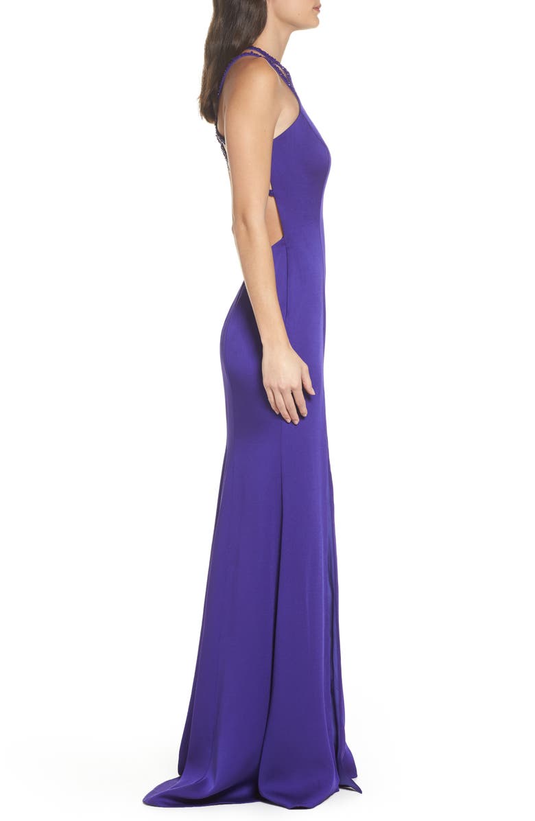 La Femme Beaded Strap Satin Gown, Alternate, color,