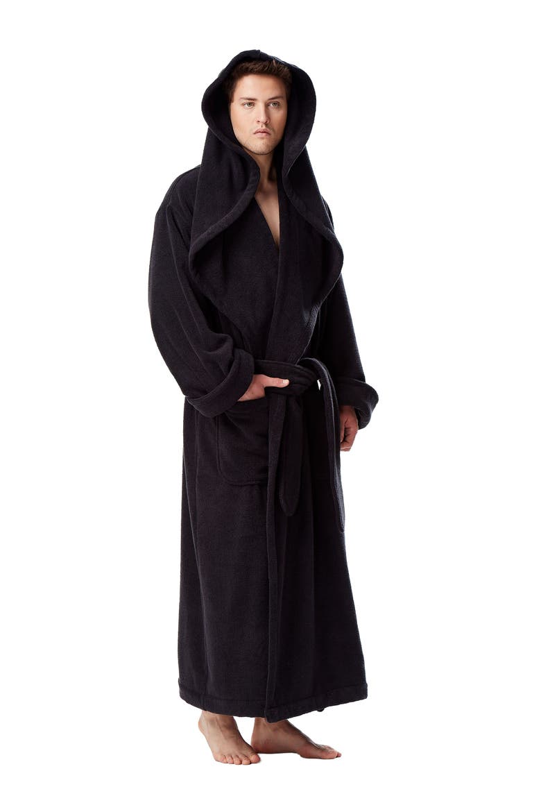 Men's Monk Style Full Length Long Terry Cotton Bathrobe, Alternate, color, Black
