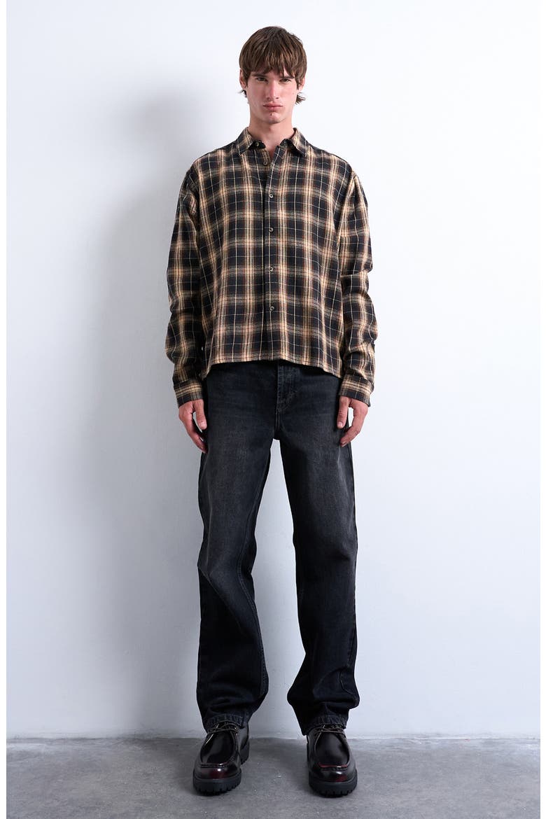 Relaxed Fit Flannel Crop Button-Up Shirt, Alternate, color, BROWN