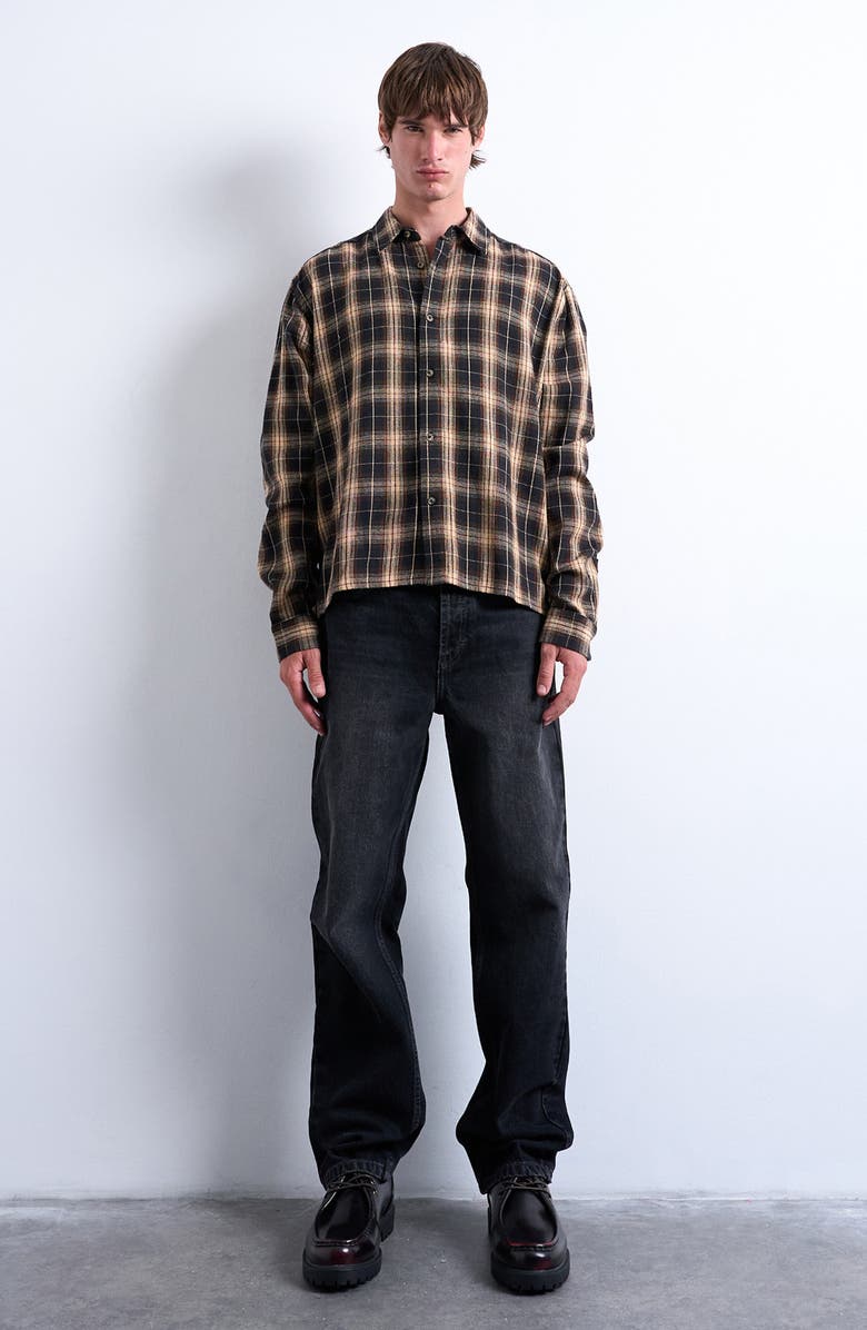 Topman Relaxed Fit Flannel Crop Button-Up Shirt, Alternate, color, Brown