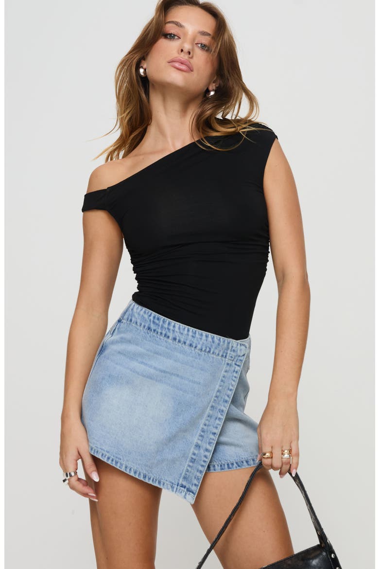 Caruso Faux Wrap Denim Skort, Alternate, color, LIGHT WASH