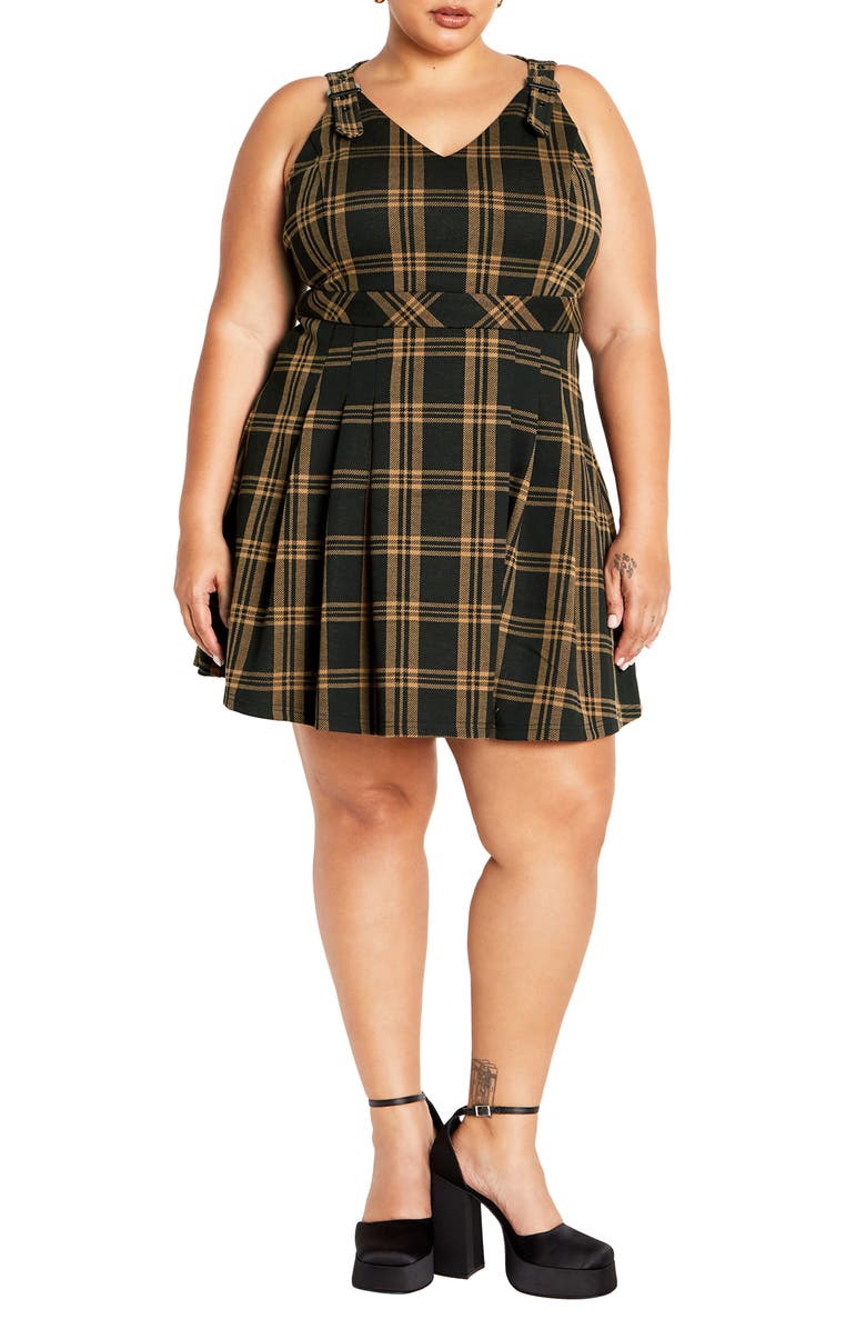 City Chic Miss Molly Sleeveless Plaid Minidress, Main, color, Caramel Check