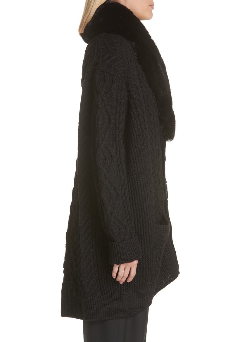 Wool Cardigan with Removable Faux Fur Collar, Alternate, color, BLACK