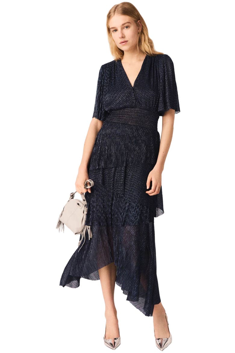 Metallic ruffled midi dress, Main, color, Navy