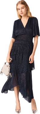 maje Metallic ruffled midi dress