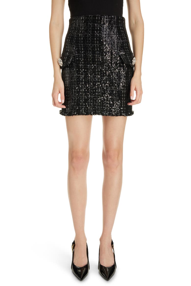 Sequin Tweed Miniskirt, Main, color, 0PA BLACK