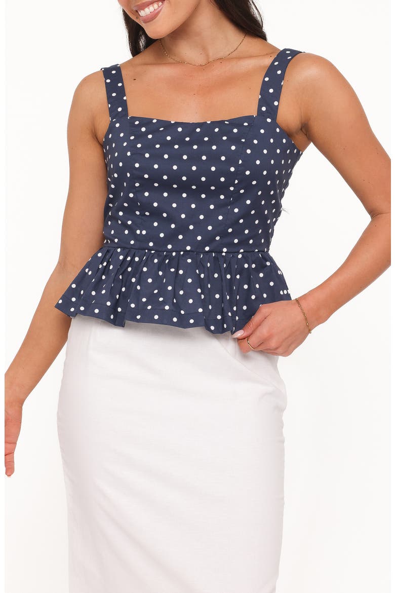 Paula Dot Ruffle Sleeveless Top, Main, color, NAVY