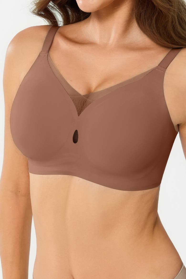 Seamless Wireless Jelly Leopard Contour Minimizer Support Bra, Main, color, Latte