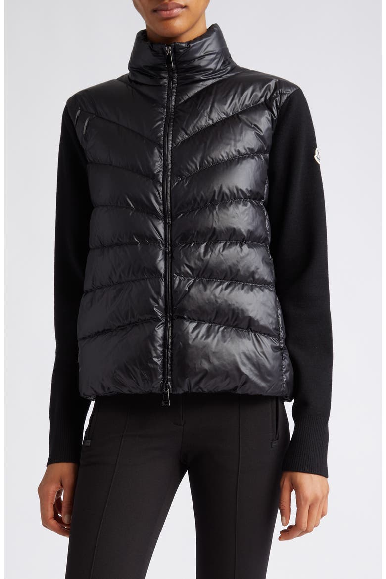 Quilted Nylon & Wool Knit Cardigan, Main, color, BLACK