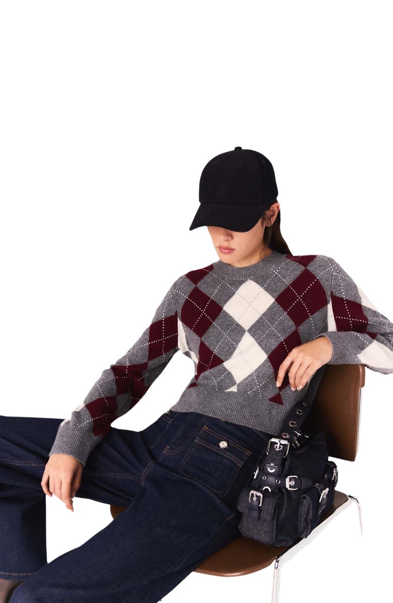 maje Cropped argyle pattern sweater, Alternate, color, Gray / Burgundy / Ecru