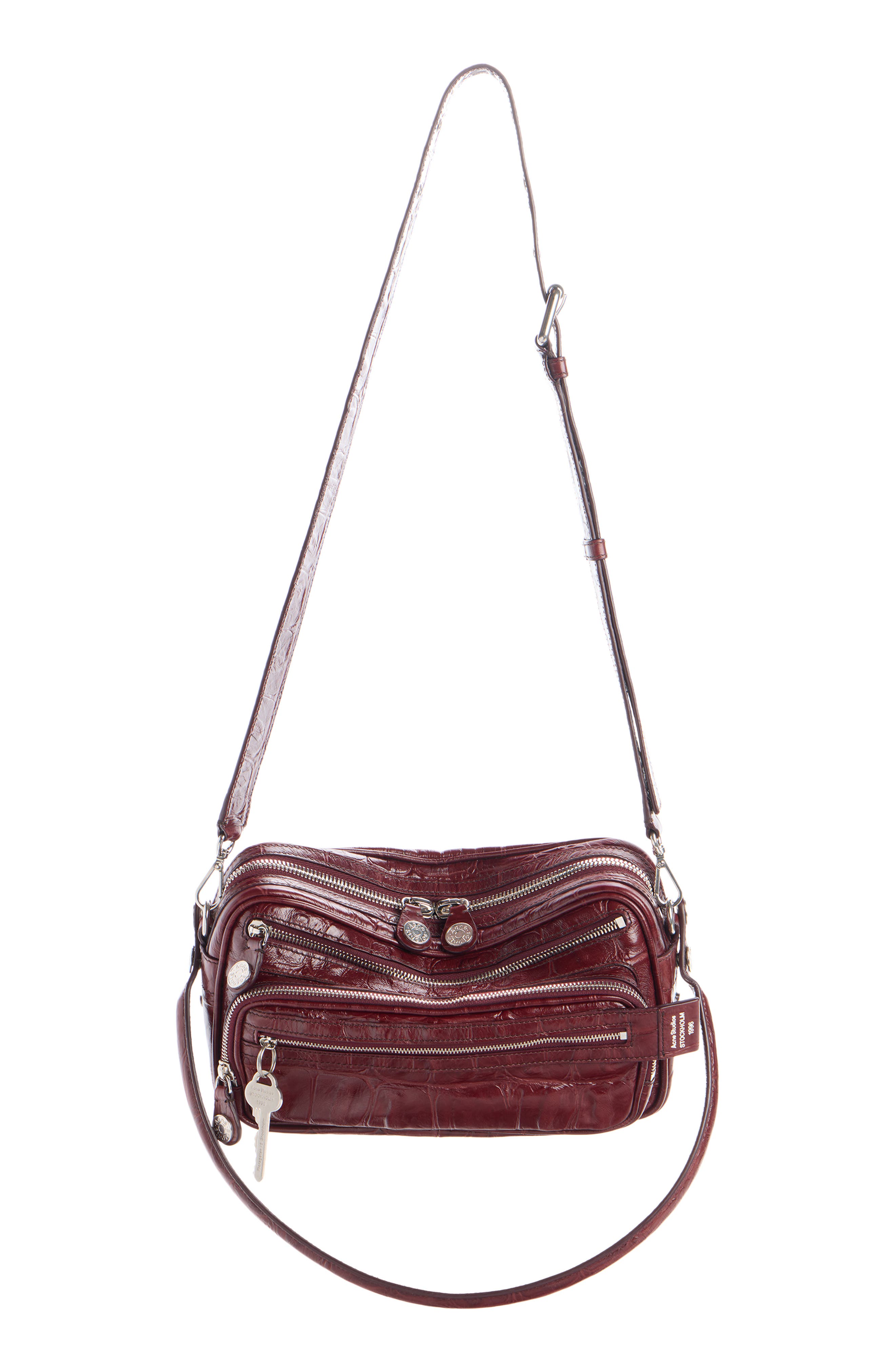 Acne Studios Camero Party Croc Embossed Leather Shoulder Bag, Alternate, color, Burgundy