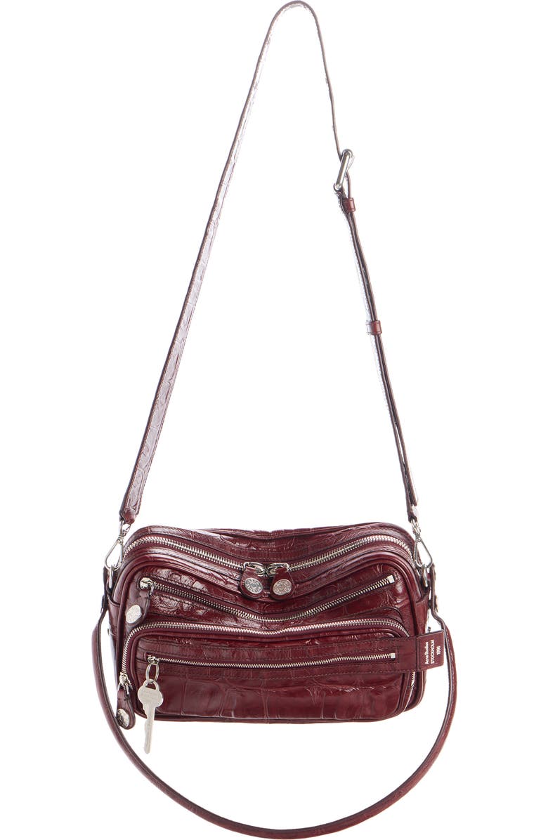Acne Studios Camero Party Croc Embossed Leather Shoulder Bag, Alternate, color, Burgundy