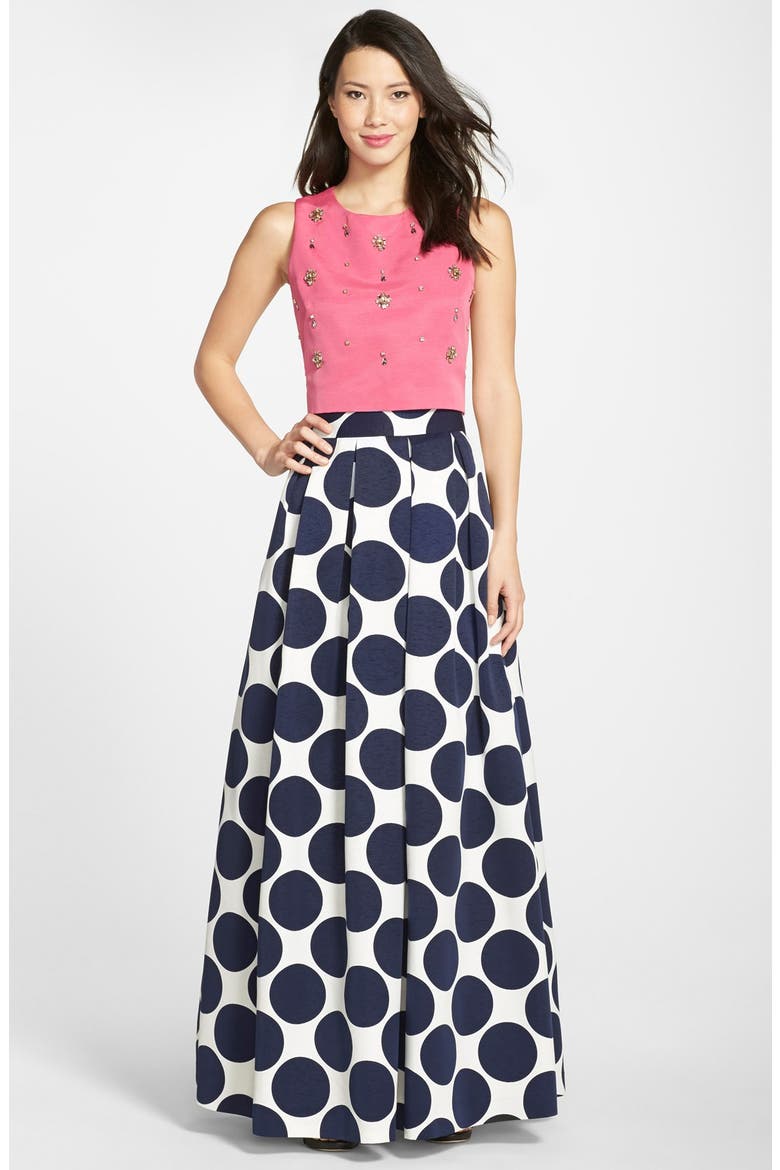 Pleated Dot Print Ball Skirt, Alternate, color, NAVY/ IVORY